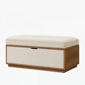 Panca contenitore moderna in legno e tessuto bouclé beige, misura 100x45x48 cm, design elegante e funzionale.