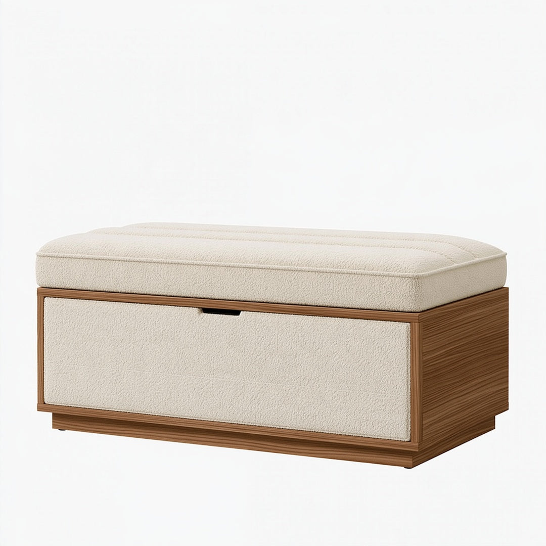 Panca contenitore moderna in legno e tessuto bouclé beige, misura 100x45x48 cm, design elegante e funzionale.