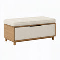 Panca contenitore Inqavron in legno e tessuto bouclé beige con cassetto, stile moderno, misura 100x45x50 cm.