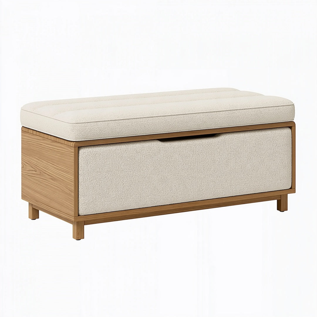 Panca contenitore Inqavron in legno e tessuto bouclé beige con cassetto, stile moderno, misura 100x45x50 cm.
