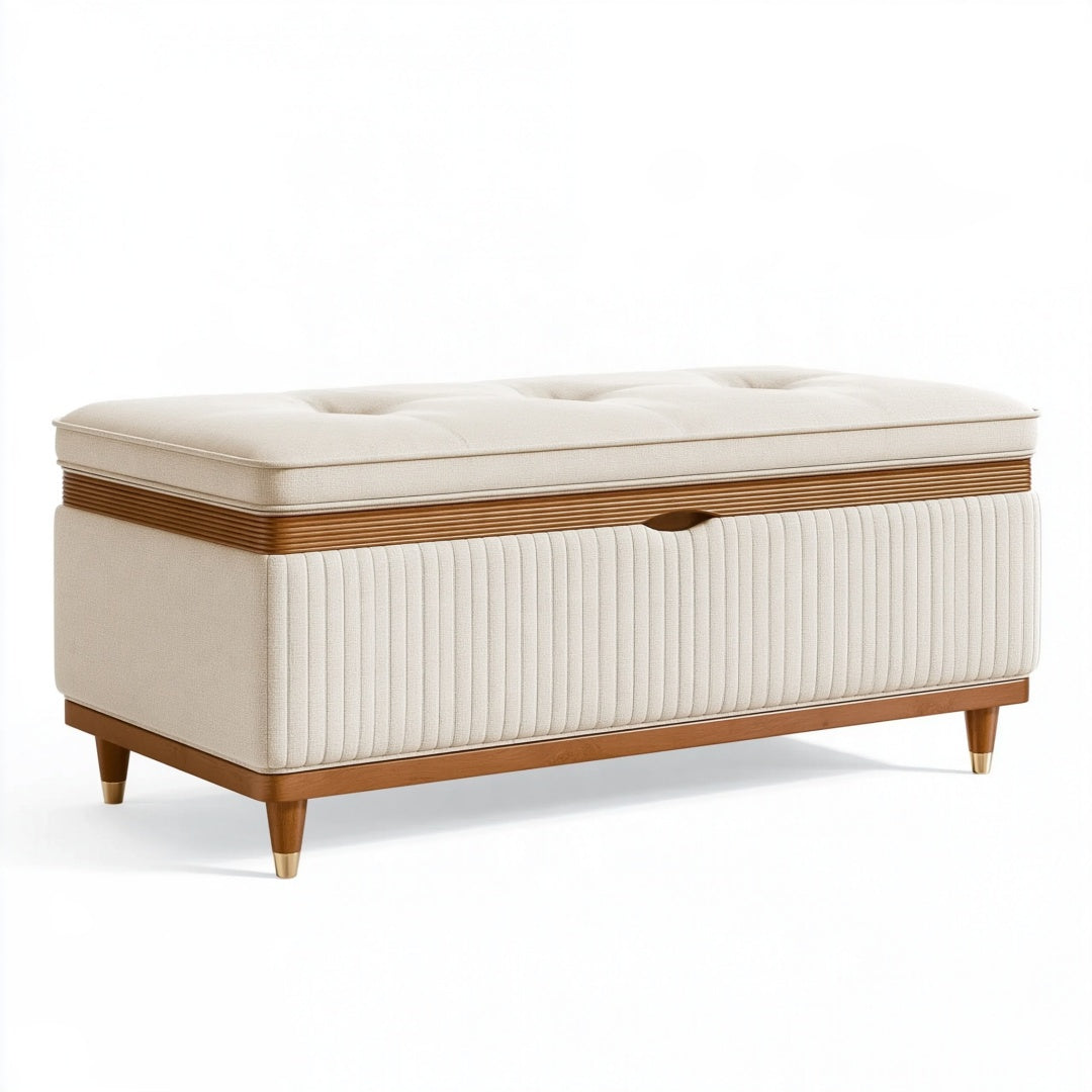 Panca contenitore imbottita in tessuto avorio con struttura in legno, misura 120x45x52 cm, stile classico, marca Inqavron.