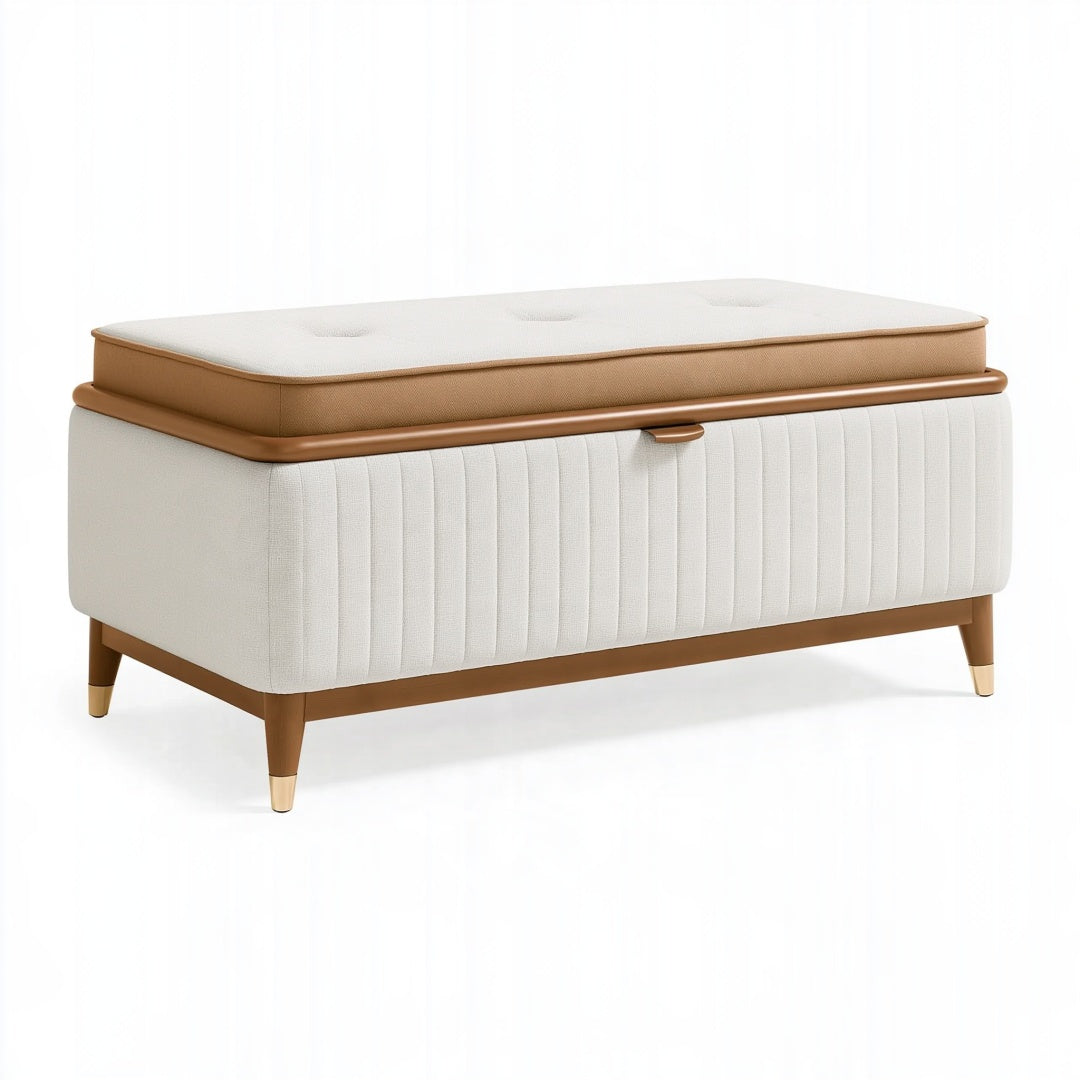 Panca contenitore Inqavron in tessuto bianco e marrone, con seduta imbottita, dimensioni 100x45x50 cm.