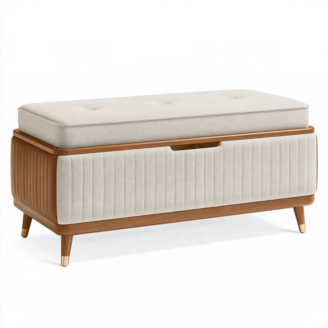 Panca contenitore Inqavron in legno e tessuto beige con seduta imbottita, dimensioni 100x40x52 cm, stile moderno.
