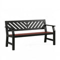 Panchina da giardino Inqavron in metallo nero e legno marrone con schienale decorativo, misura 120x60x90 cm.