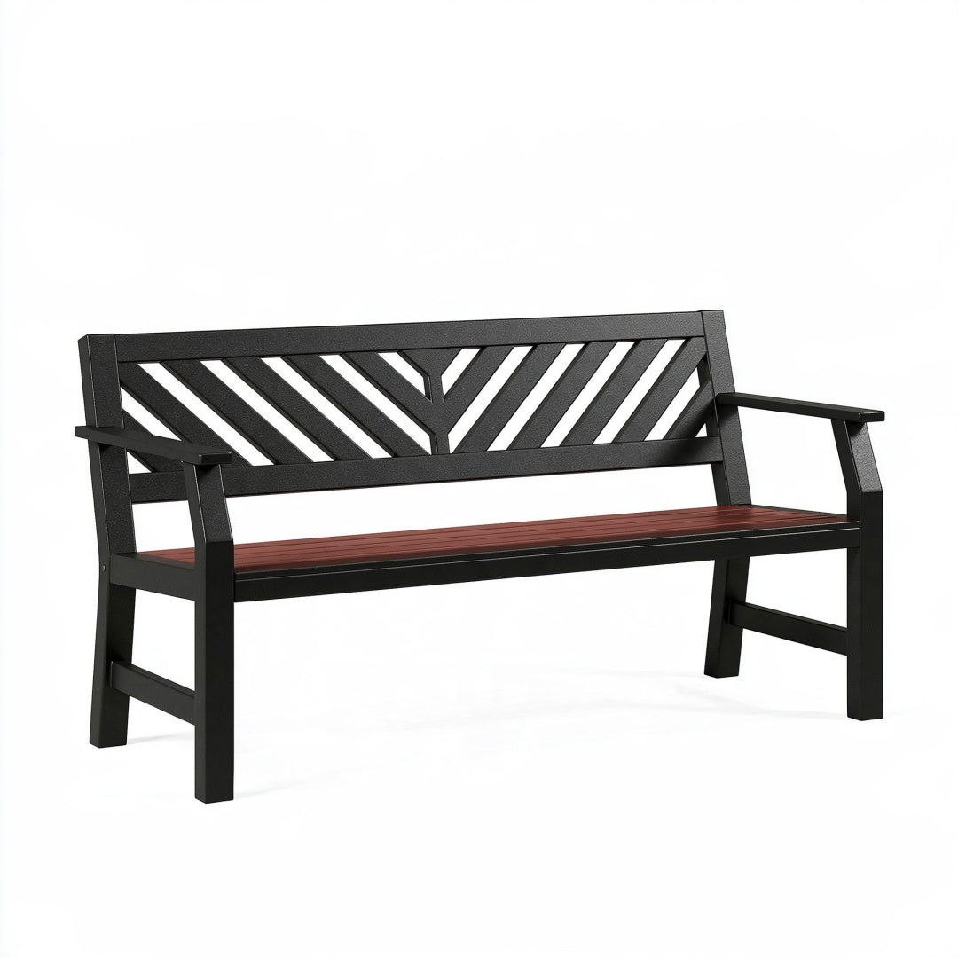 Panchina da giardino Inqavron in metallo nero e legno marrone con schienale decorativo, misura 120x60x90 cm.
