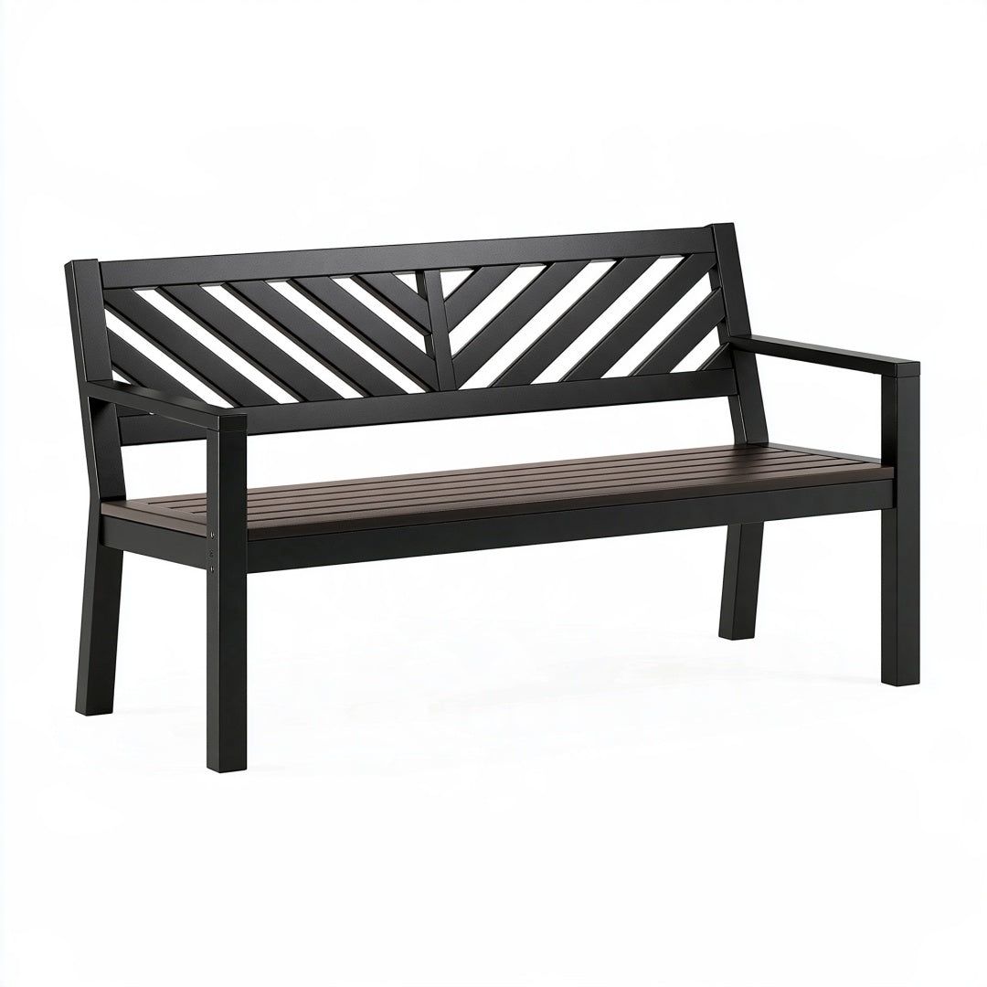 Panchina da giardino Inqavron in acciaio nero e marrone, con schienale geometrico, dimensioni 120x60x85 cm, per esterni