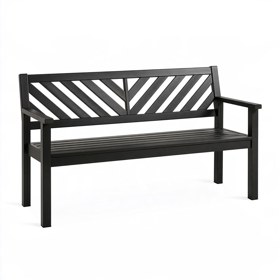 Panchina da giardino Inqavron, 120 cm in metallo nero con schienale geometrico, ideale per spazi esterni.