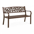 Panchina da giardino Inqavron in metallo marrone, dimensioni 150x60x90 cm, con schienale decorativo elegante.