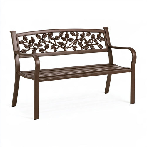 Panchina da giardino Inqavron in metallo marrone, dimensioni 150x60x90 cm, con schienale decorativo elegante.