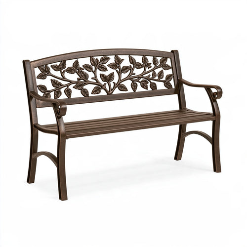 Panchina da giardino in metallo marrone con schienale decorativo, misura 122x61x88 cm, brand Inqavron, ideale per spazi esterni