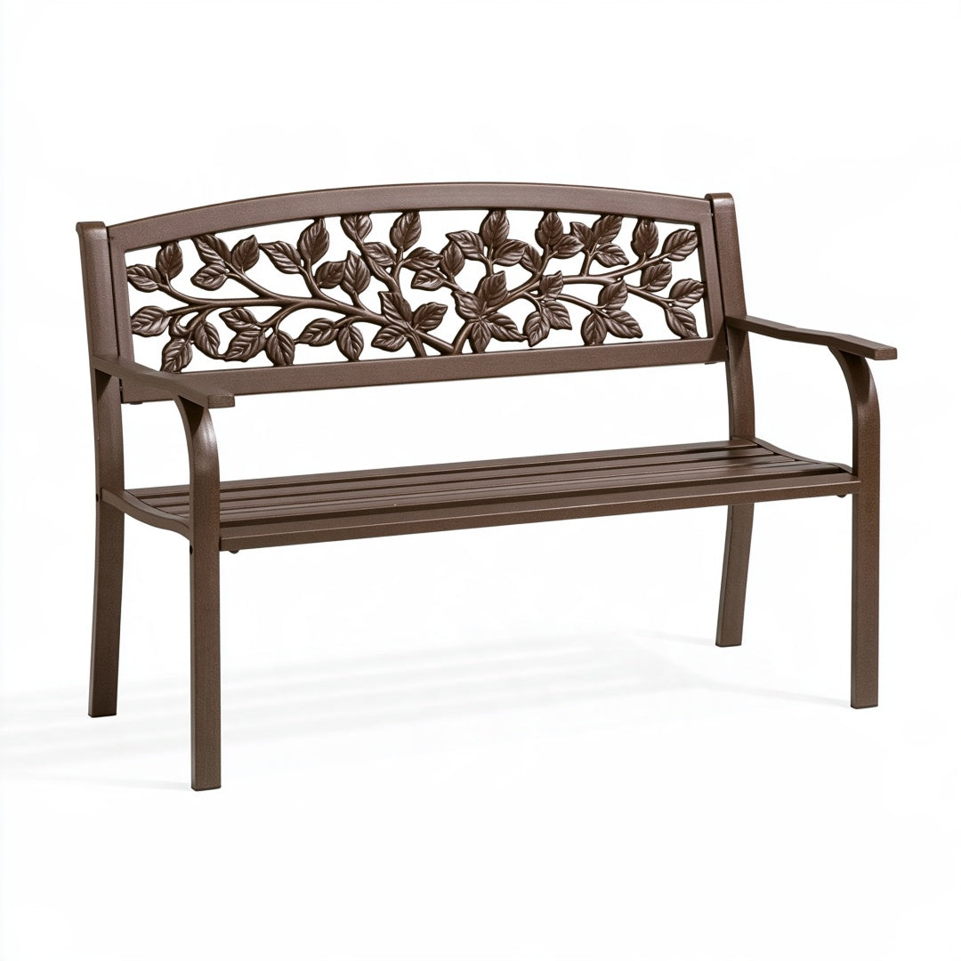 Panchina da giardino Inqavron in metallo marrone con schienale a foglie, dimensioni 122x60x87 cm, seduta elegante e resistente