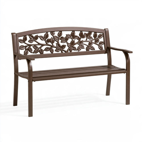 Panchina da giardino Inqavron in metallo marrone con schienale a foglie, dimensioni 122x60x87 cm, seduta elegante e resistente