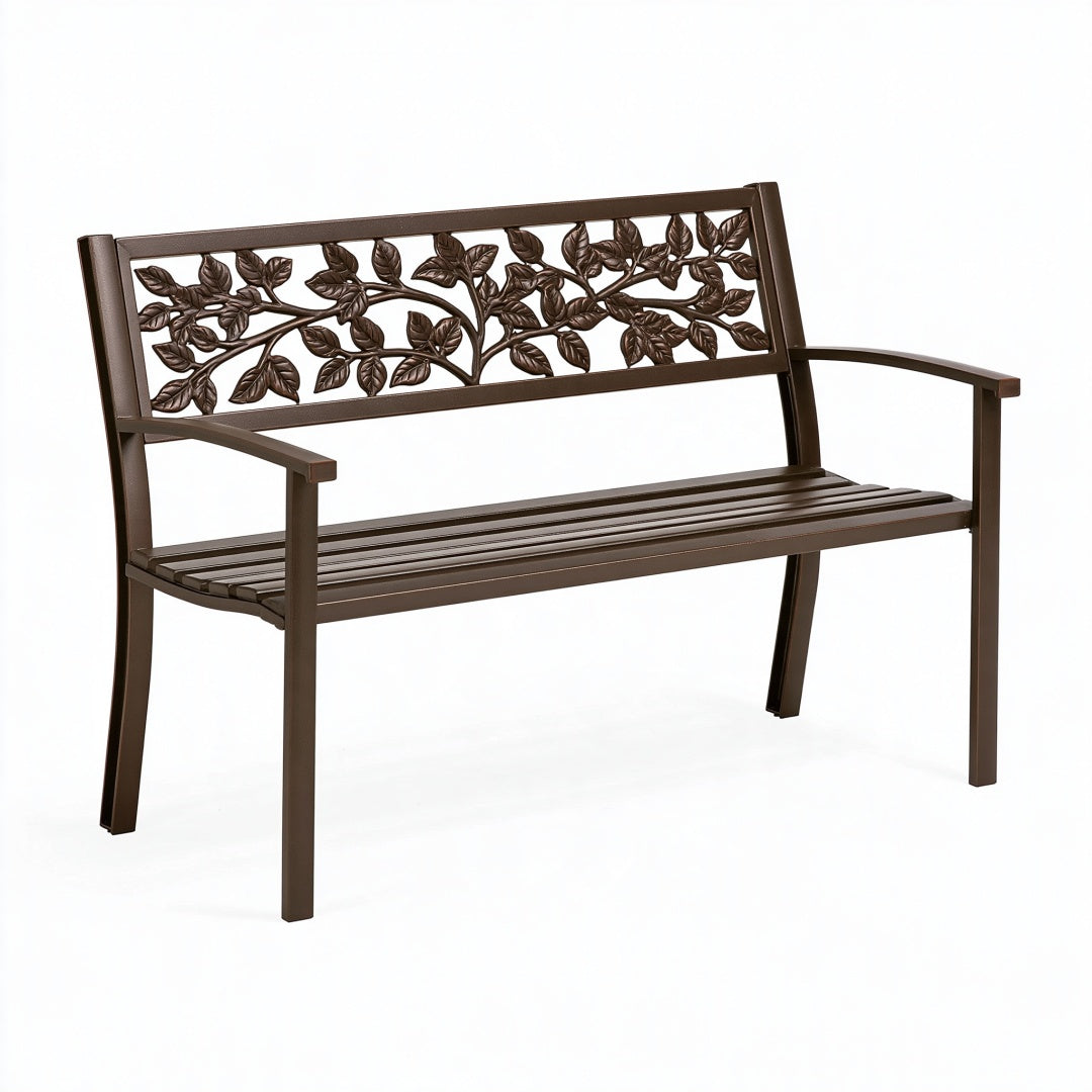 Panchina da giardino Inqavron in metallo marrone, 125 cm, con schienale a foglie e braccioli, ideale per spazi esterni