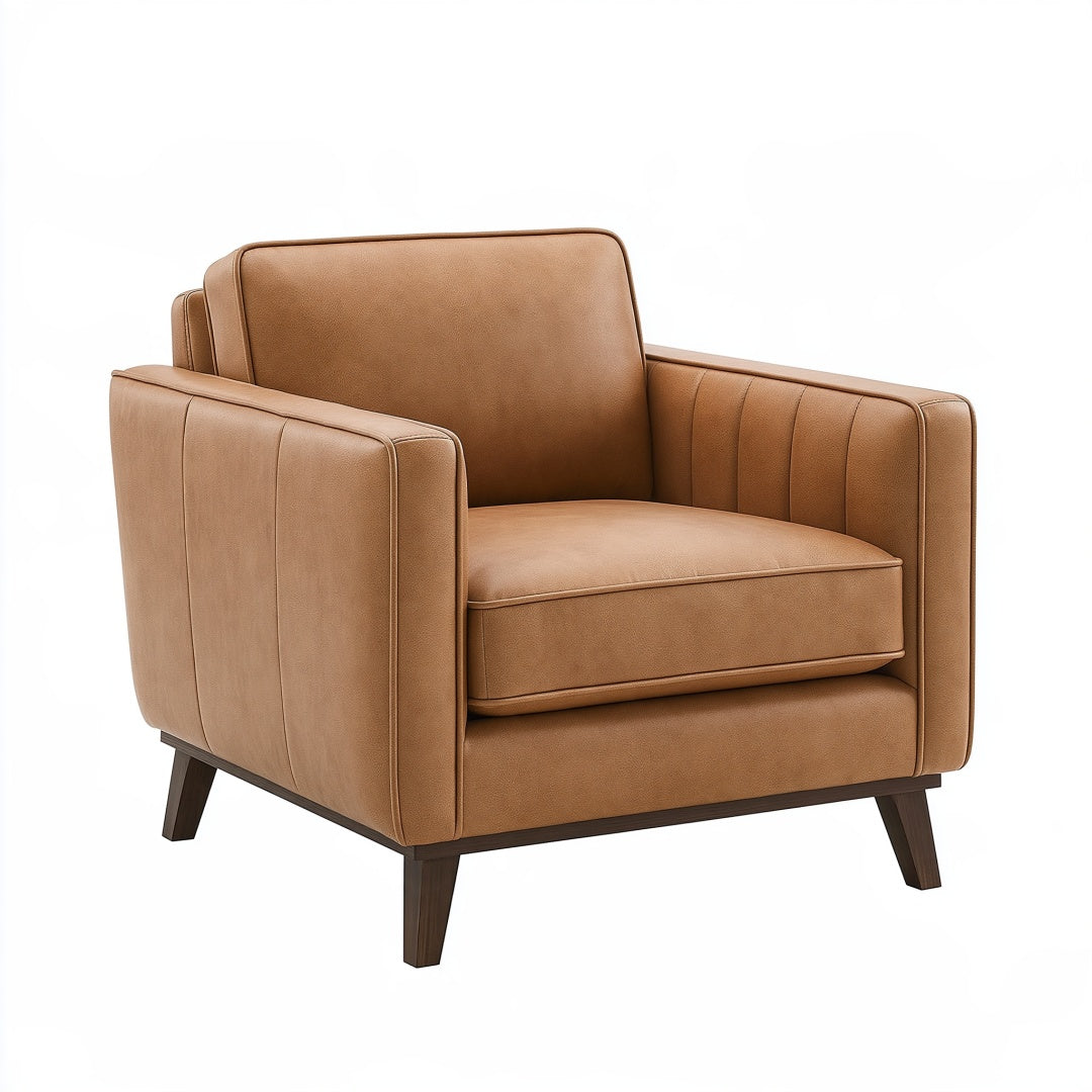 Poltrona moderna in similpelle marrone con gambe in legno, dimensioni 85x82x86 cm, stile elegante e confortevole.
