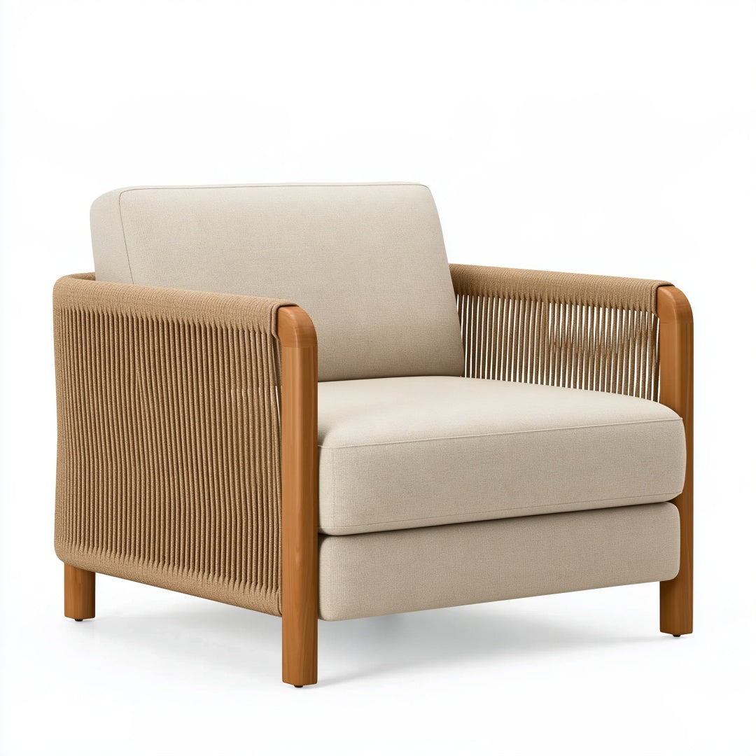 Poltrona in legno beige con corda intrecciata, misura 80x85x82 cm, ideale per soggiorno, marca Inqavron.