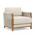 Poltrona in legno e tessuto beige con braccioli intrecciati stile contemporaneo, misura 85x82x80 cm, marca Inqavron.