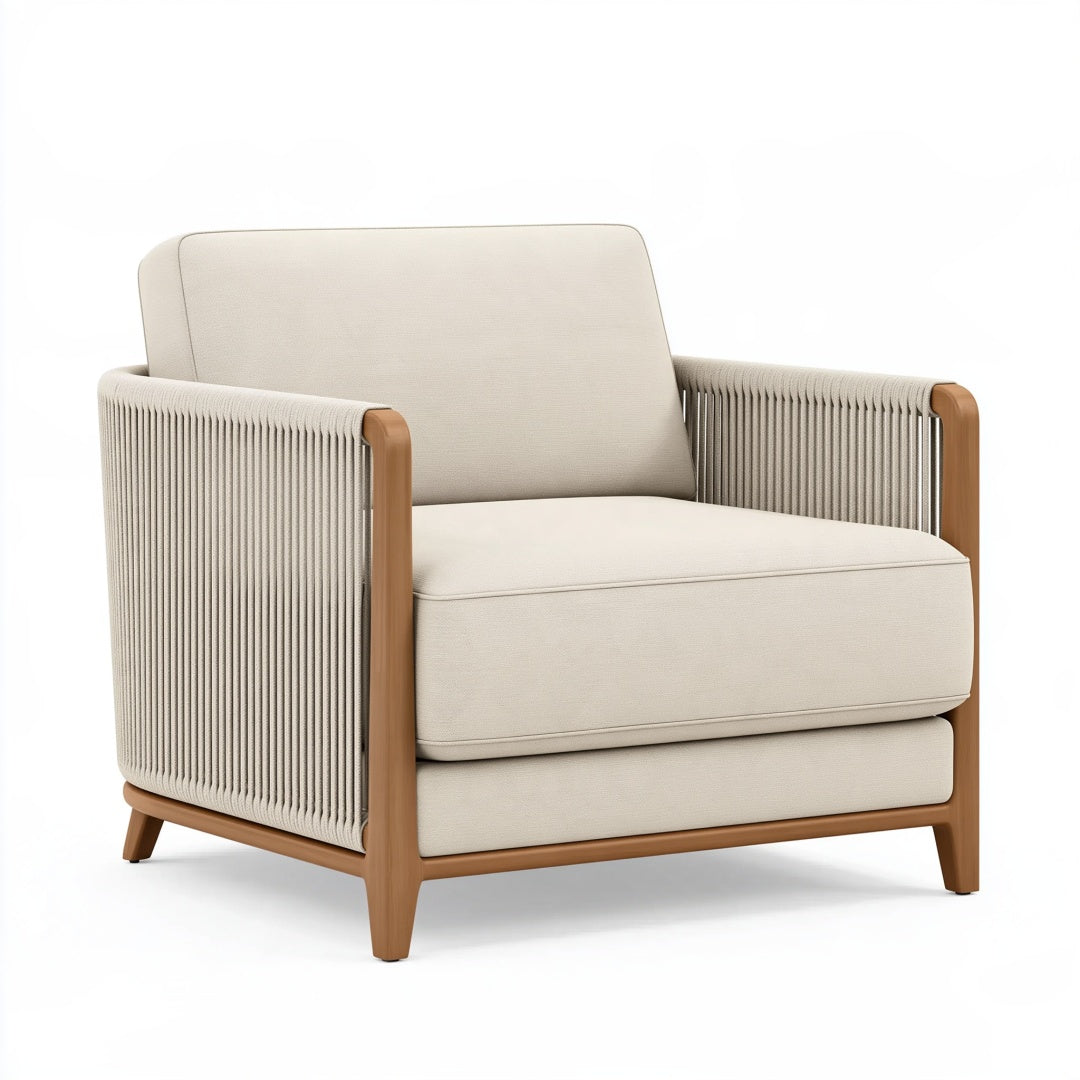Poltrona in legno e tessuto beige con braccioli intrecciati stile contemporaneo, misura 85x82x80 cm, marca Inqavron.