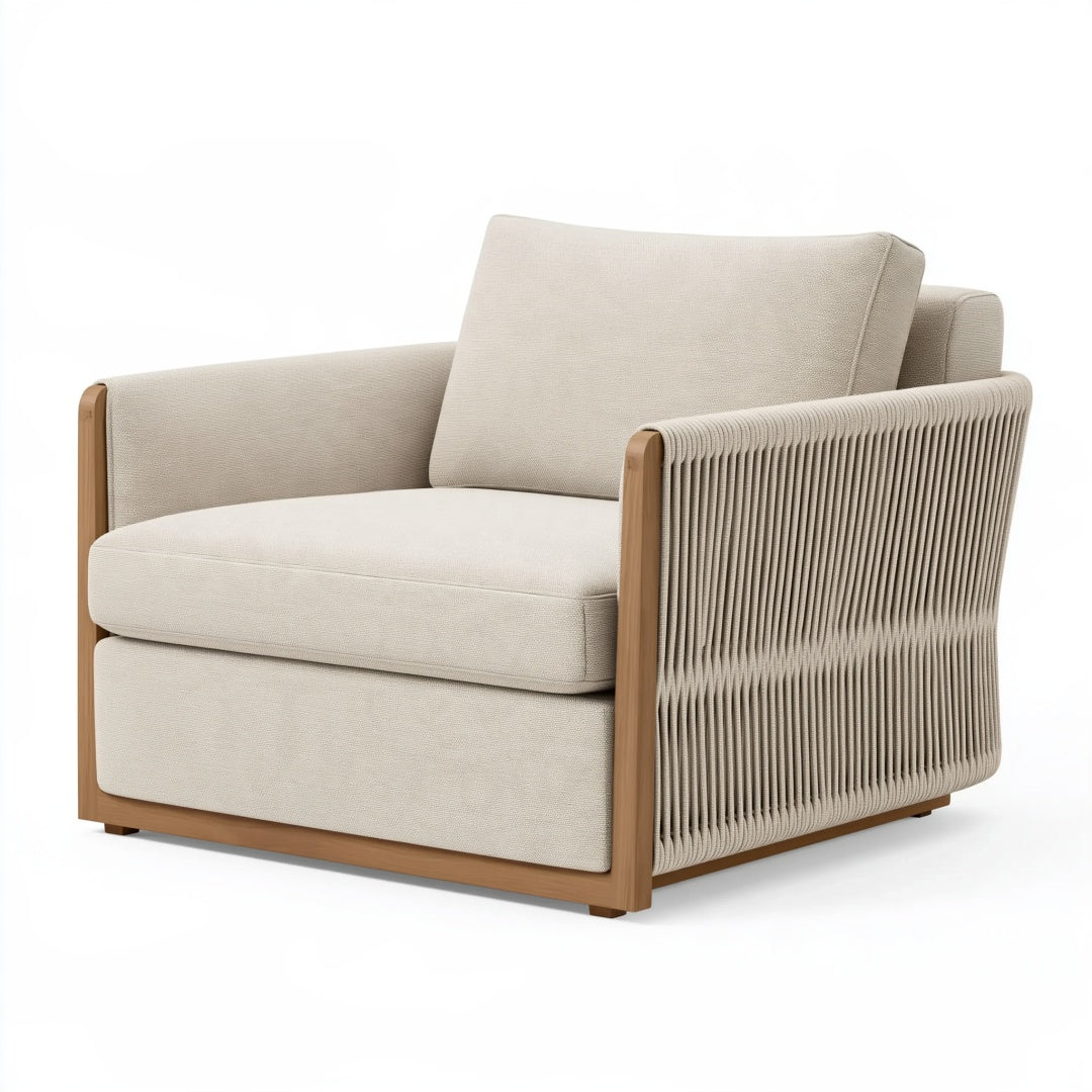 Poltrona in tessuto beige con struttura in legno, dimensioni 92x85x82 cm, stile contemporaneo, marca Inqavron.