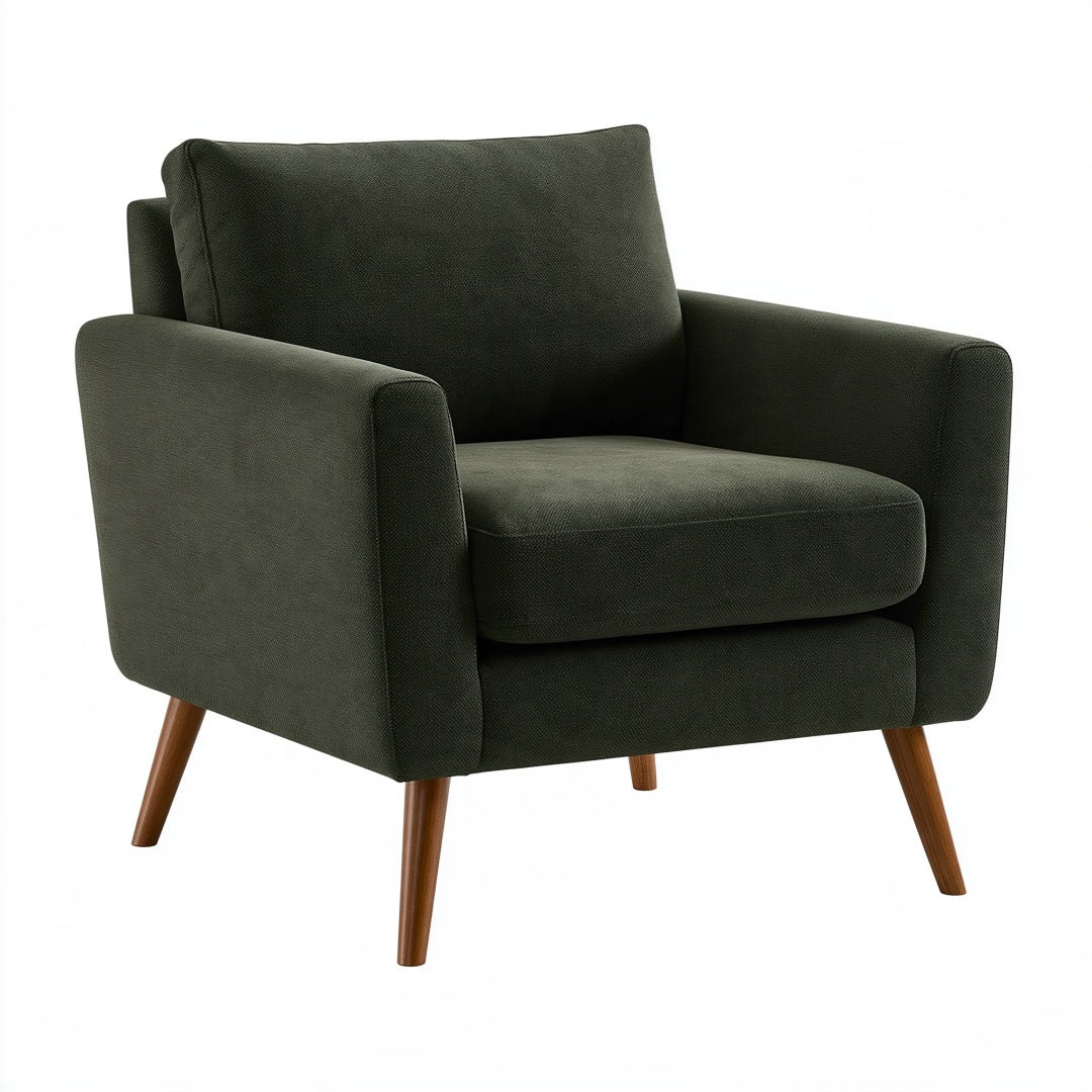Poltrona moderna Inqavron in tessuto verde scuro con gambe in legno, misura 82x84x85 cm, ideale per soggiorno.