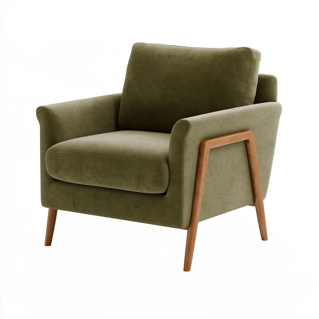 Poltrona moderna in tessuto verde con struttura in legno, dimensioni 82x80x85 cm, marca Inqavron.