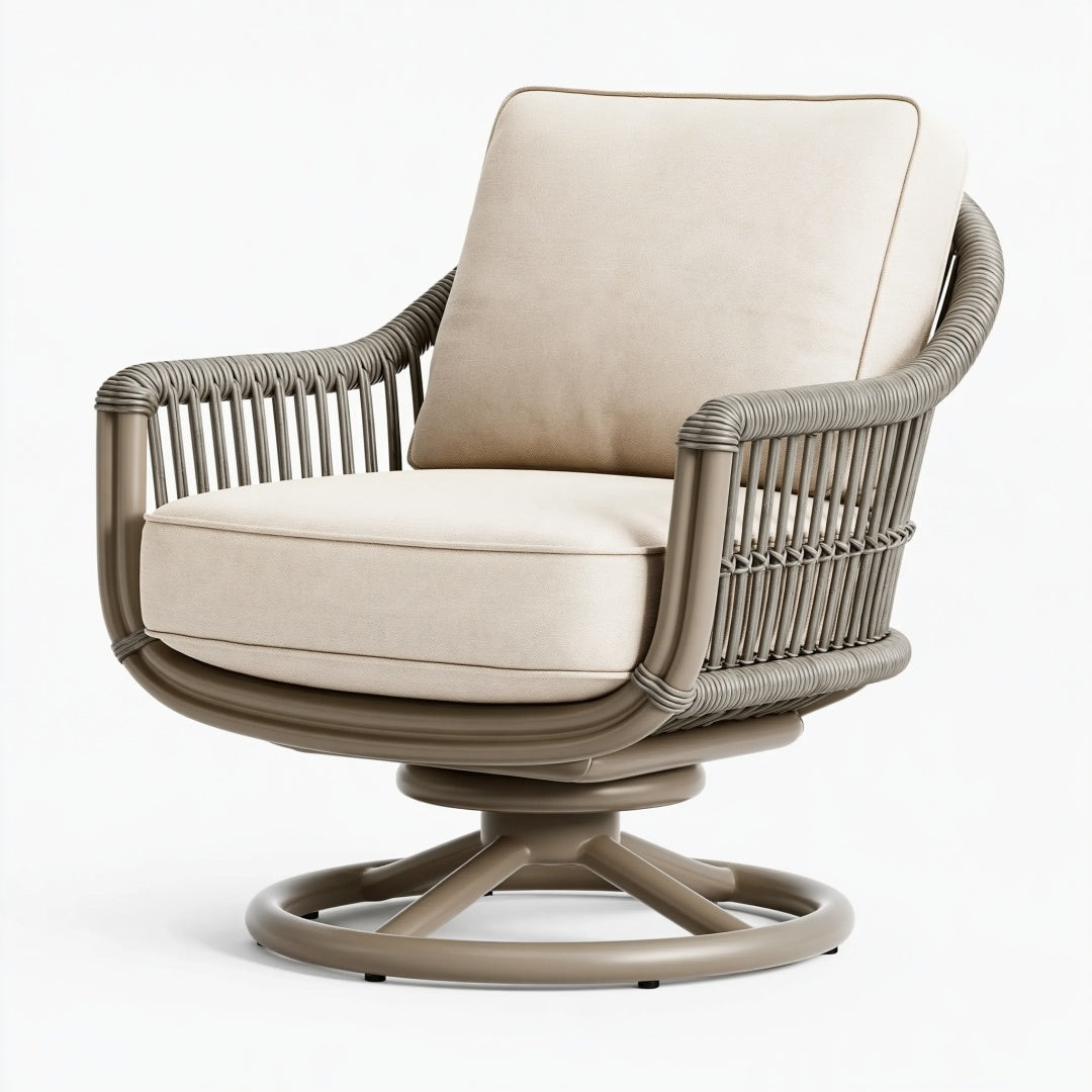 Poltrona da esterno girevole Inqavron in corda sintetica tortora con cuscini, stile contemporaneo, dimensioni 82x78x88 cm