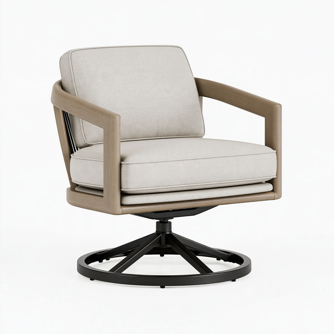 Poltrona girevole Inqavron in legno e tessuto beige, stile moderno, dimensioni 76x82x88 cm, seduta confortevole e elegante.