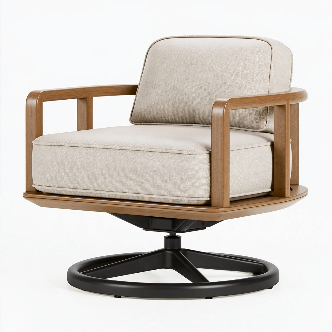 Poltrona girevole Inqavron in tessuto beige con braccioli, struttura in legno, stile moderno, dimensioni 75x80x85 cm