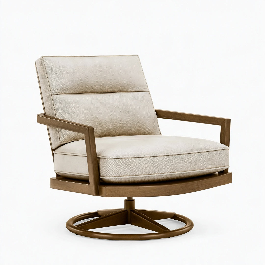 Poltrona girevole Inqavron in tessuto beige con struttura in legno marrone, seduta comoda da soggiorno, misura 78x82x90 cm