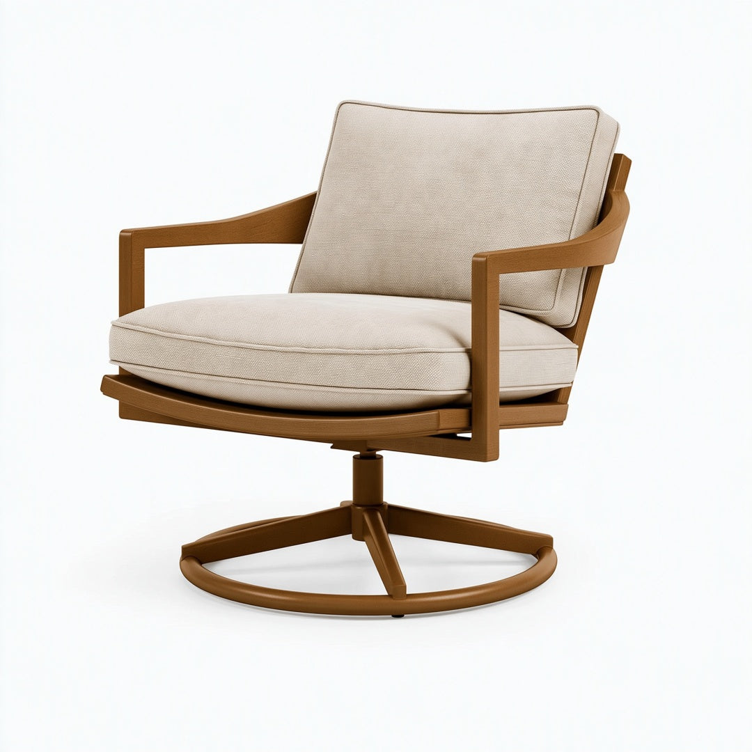 Poltrona girevole Inqavron in legno e tessuto beige, stile moderno, dimensioni 75x82x88 cm, ideale per soggiorno.