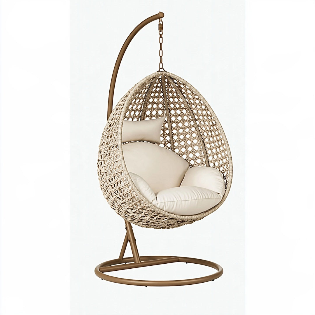 Poltrona sospesa in rattan beige con supporto in metallo, dimensioni 105x105x195 cm, stile boho, per relax.