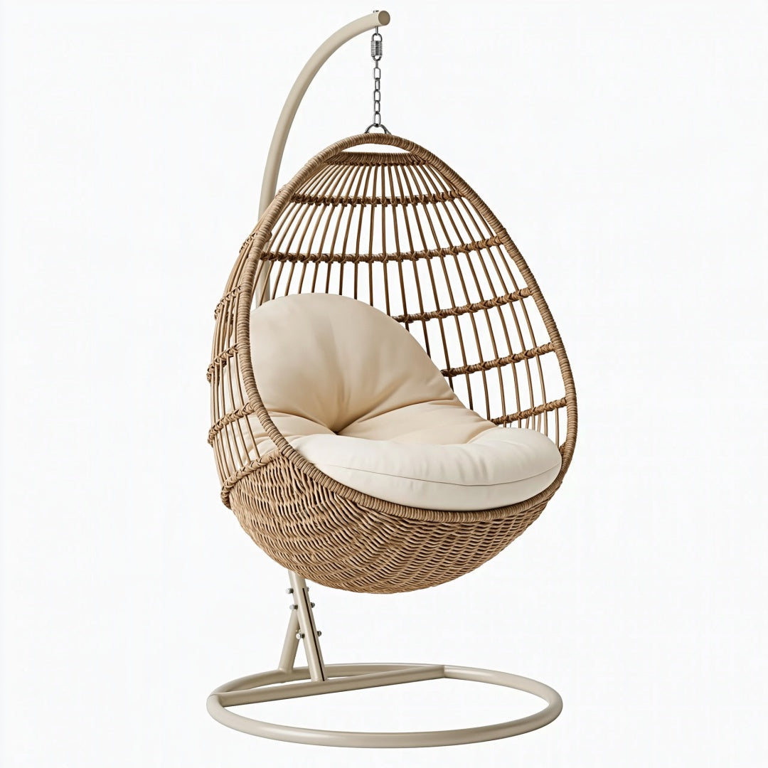 Poltrona sospesa Inqavron in rattan naturale e metallo beige, dimensioni 105x105x195 cm, per interni.