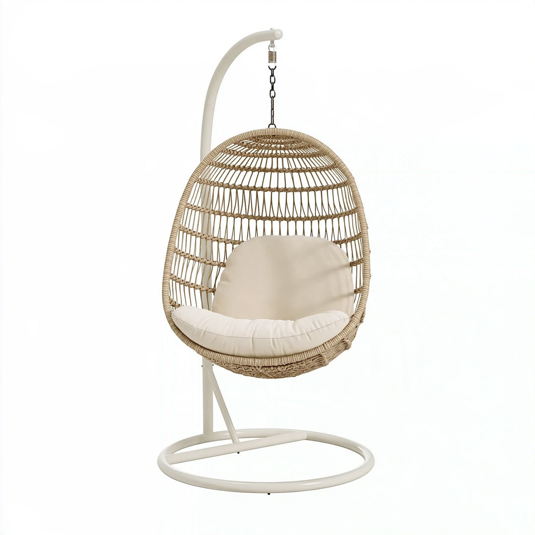 Poltrona sospesa Inqavron in fibra intrecciata beige e acciaio bianco, ideale per giardino stile boho, dimensioni 105x105x195 cm