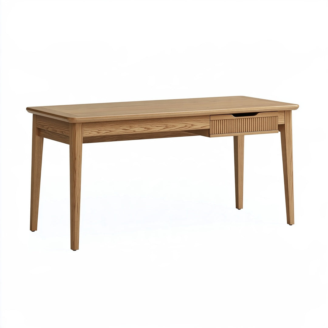 Scrivania in legno marrone Inqavron, moderna con cassetto, misure 120x60x75 cm, superficie liscia e design elegante.