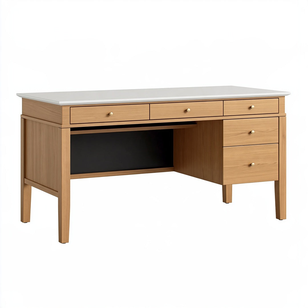 Scrivania Inqavron in legno di rovere chiaro e bianco, 150x60x75 cm, con 5 cassetti, vista dall'alto.