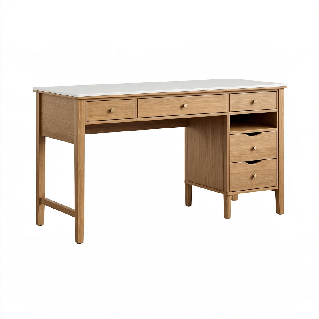 Scrivania Inqavron 120x60 cm in legno naturale con piano bianco e 5 cassetti, stile moderno e elegante.