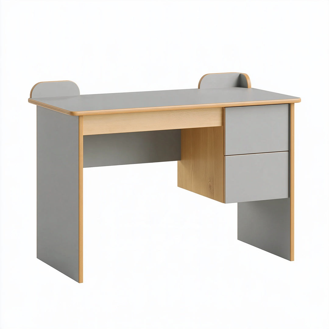Scrivania moderna Inqavron 120x60x75 cm in legno grigio e rovere con 2 cassetti, ideale per studio o ufficio.