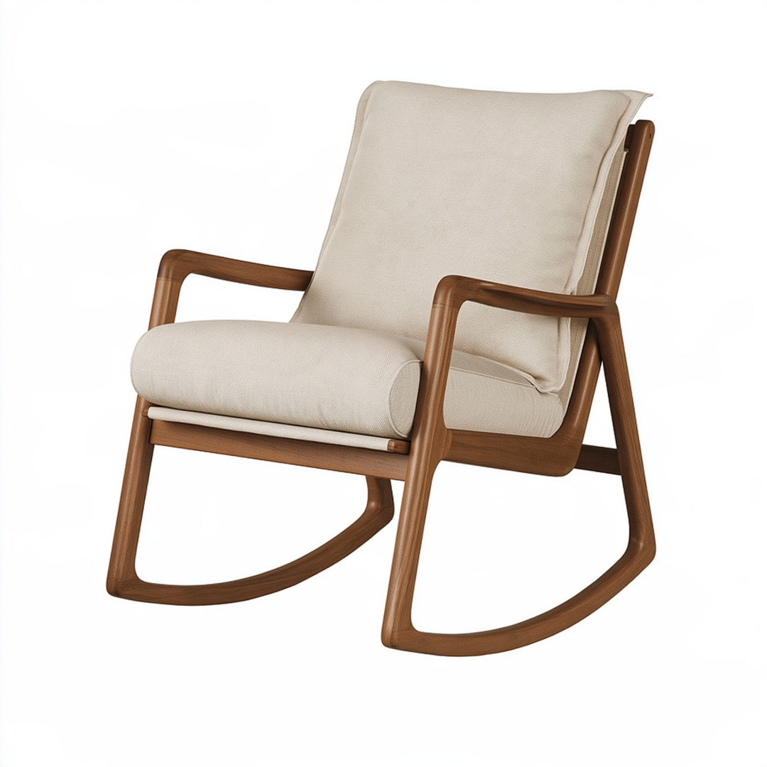 Sedia a dondolo Inqavron in legno marrone e tessuto crema, moderna, misura 68x92x100 cm, ideale per soggiorno.