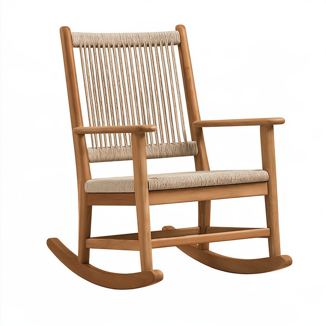 Sedia a dondolo in legno marrone con struttura in corda beige, stile naturale, dimensioni 65x90x105 cm, marca Inqavron