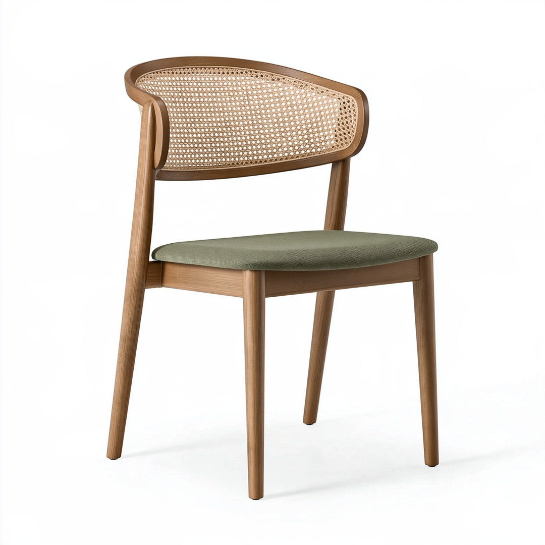 Sedia da pranzo Inqavron in legno con schienale in rattan e seduta imbottita verde, stile naturale, dimensioni 56x55x78 cm.