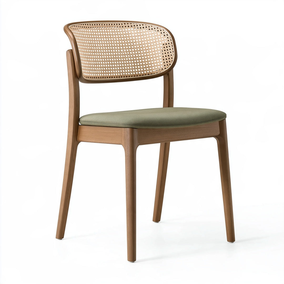 Sedia da pranzo Inqavron in legno naturale con schienale in cannage e seduta verde, stile moderno, dimensioni 55x58x80 cm