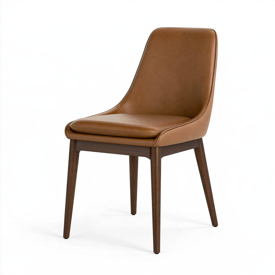 Sedia da pranzo Inqavron in similpelle marrone con gambe in legno, stile moderno, dimensioni 50x58x88 cm.